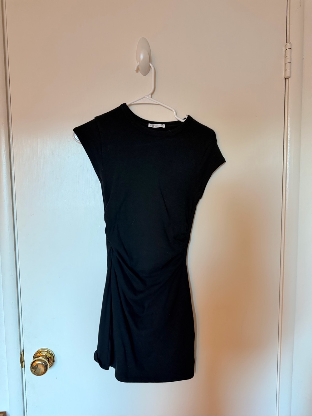 Zara Black Cap-Sleeve Mini Dress with Side Ruching